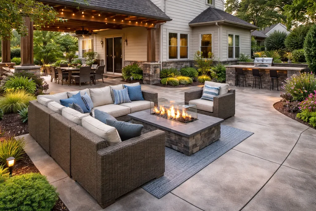 concrete patio with firepit webp